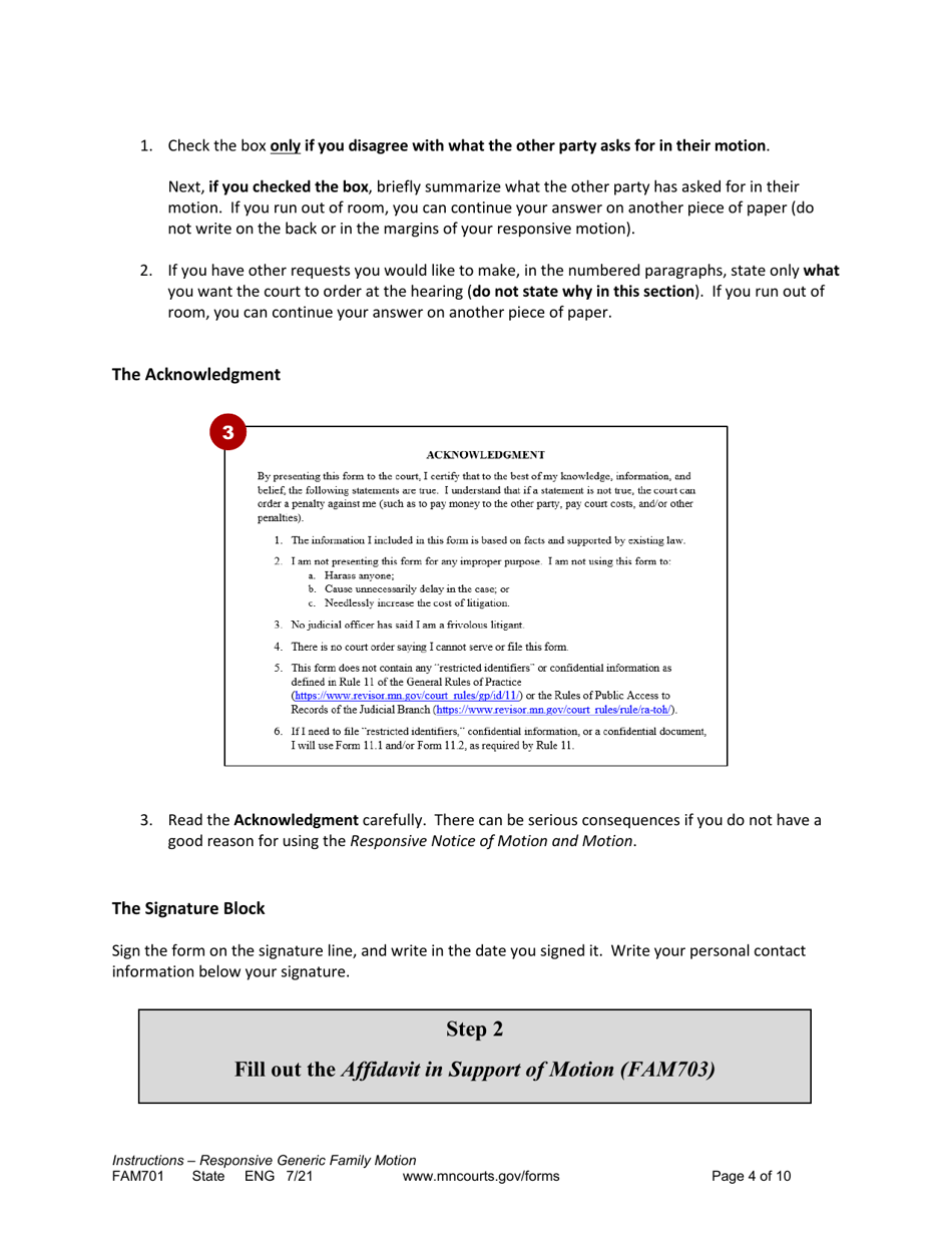 Form FAM701 Instructions - Generic Family Responsive Motion and Affidavit - Minnesota, Page 4