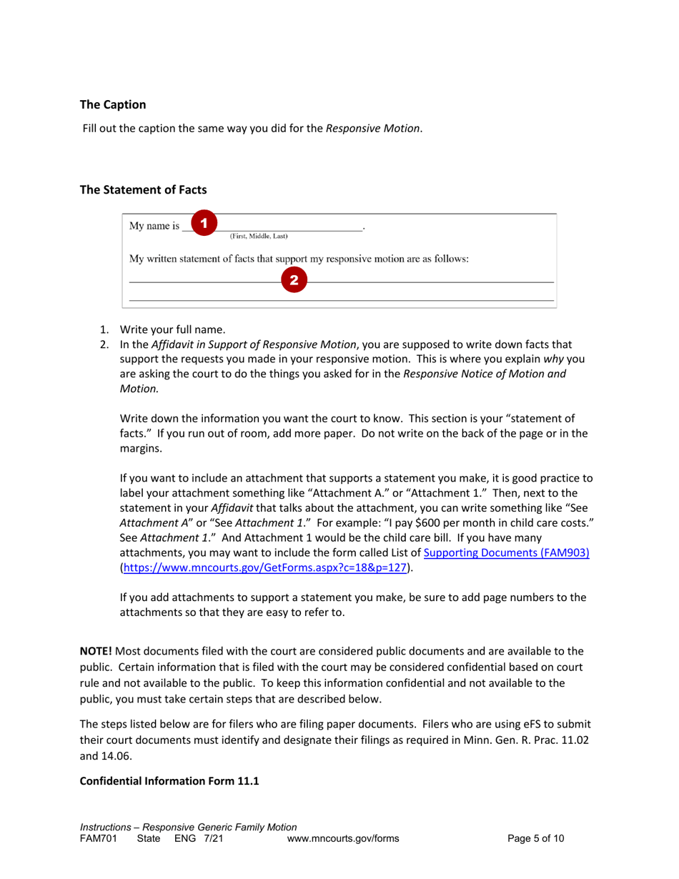 Form FAM701 Instructions - Generic Family Responsive Motion and Affidavit - Minnesota, Page 5