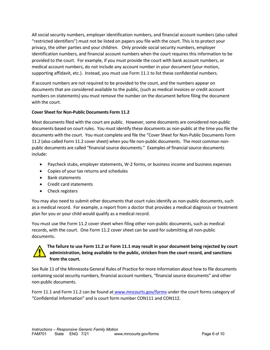 Form FAM701 Instructions - Generic Family Responsive Motion and Affidavit - Minnesota, Page 6