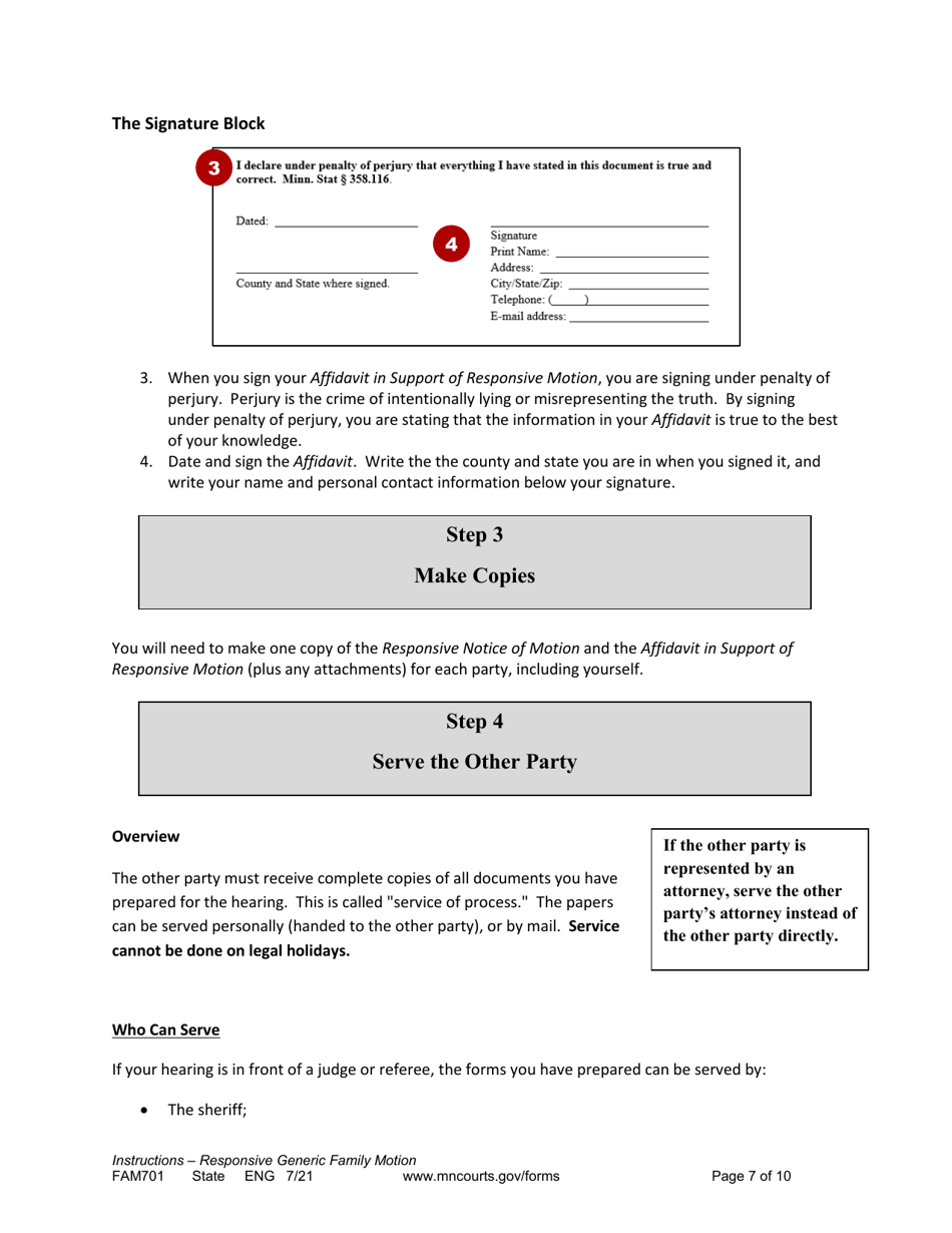 Form FAM701 Instructions - Generic Family Responsive Motion and Affidavit - Minnesota, Page 7