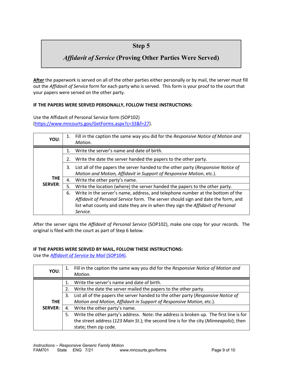 Form FAM701 Instructions - Generic Family Responsive Motion and Affidavit - Minnesota, Page 9