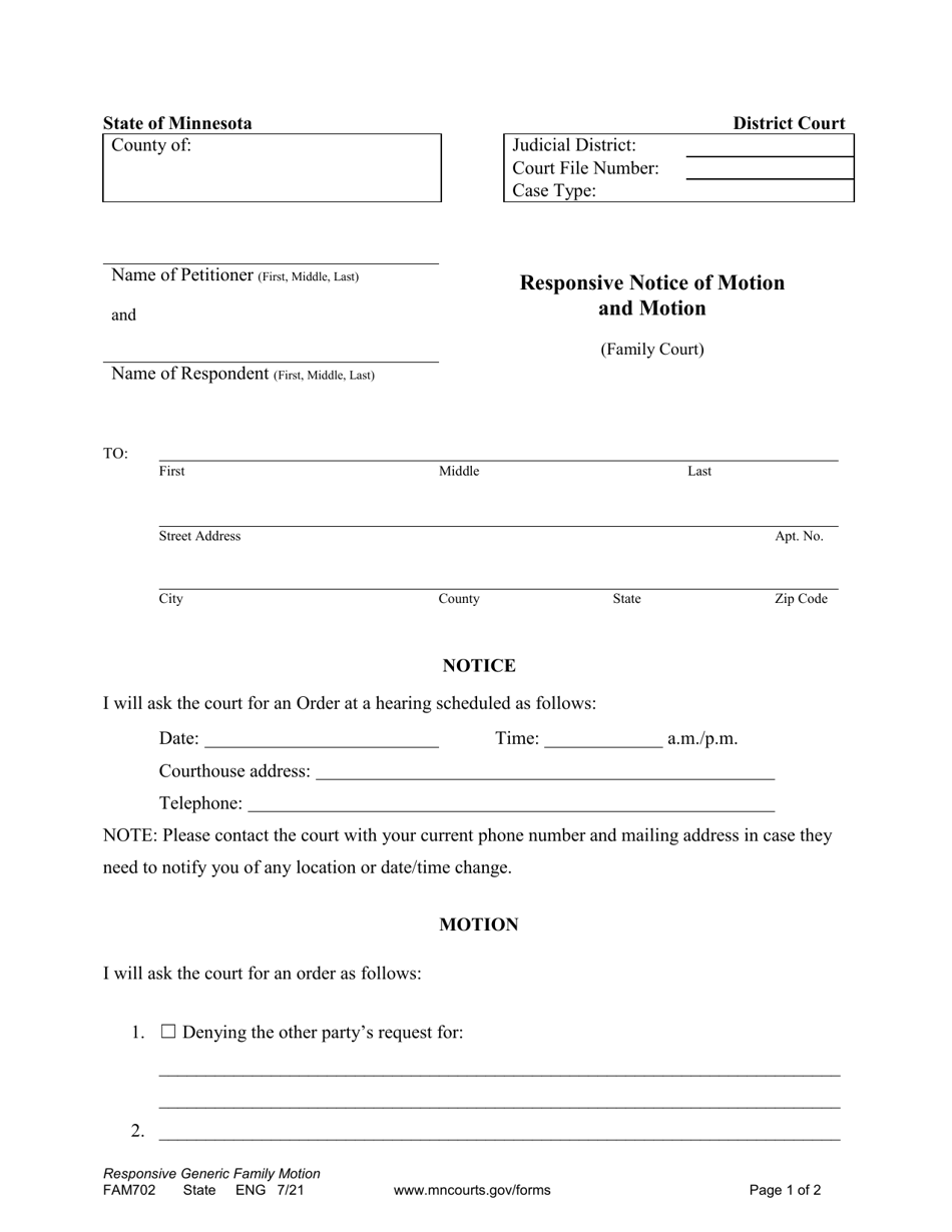 Form FAM702 Responsive Notice of Motion and Motion (Family Court) - Minnesota, Page 1