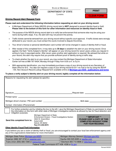 "Driving Record Alert Request Form" - Michigan Download Pdf
