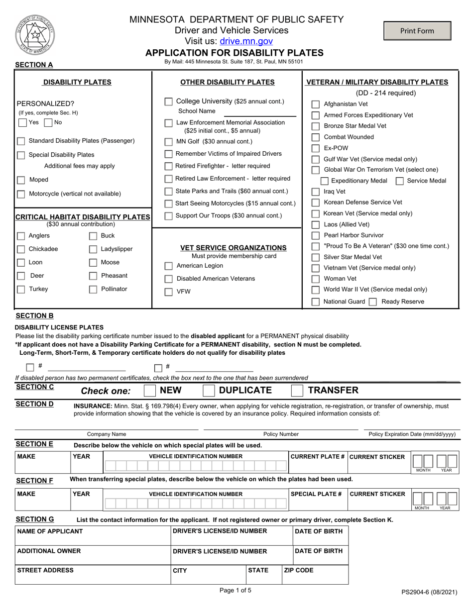 Form PS2904 Application for Disability Plates - Minnesota, Page 1