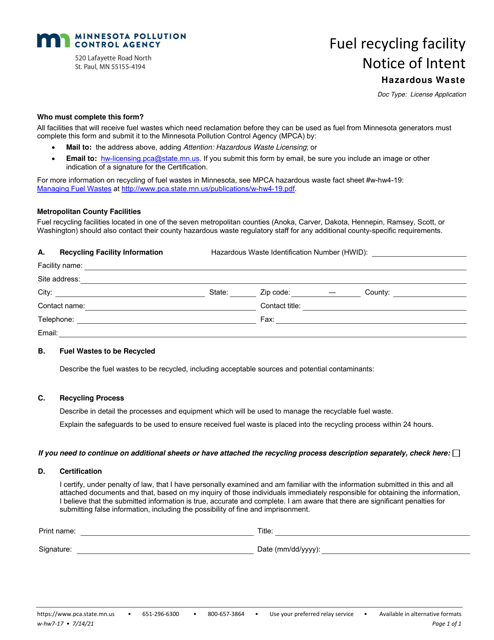 Form w-hw7-17 Fuel Recycling Facility Notice of Intent - Minnesota