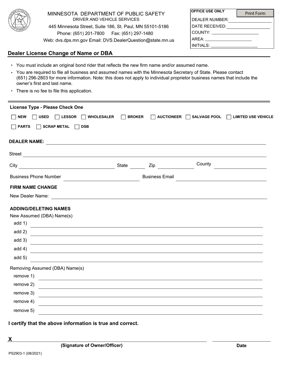 Form PS2903 Dealer License Change of Name or Dba - Minnesota, Page 1
