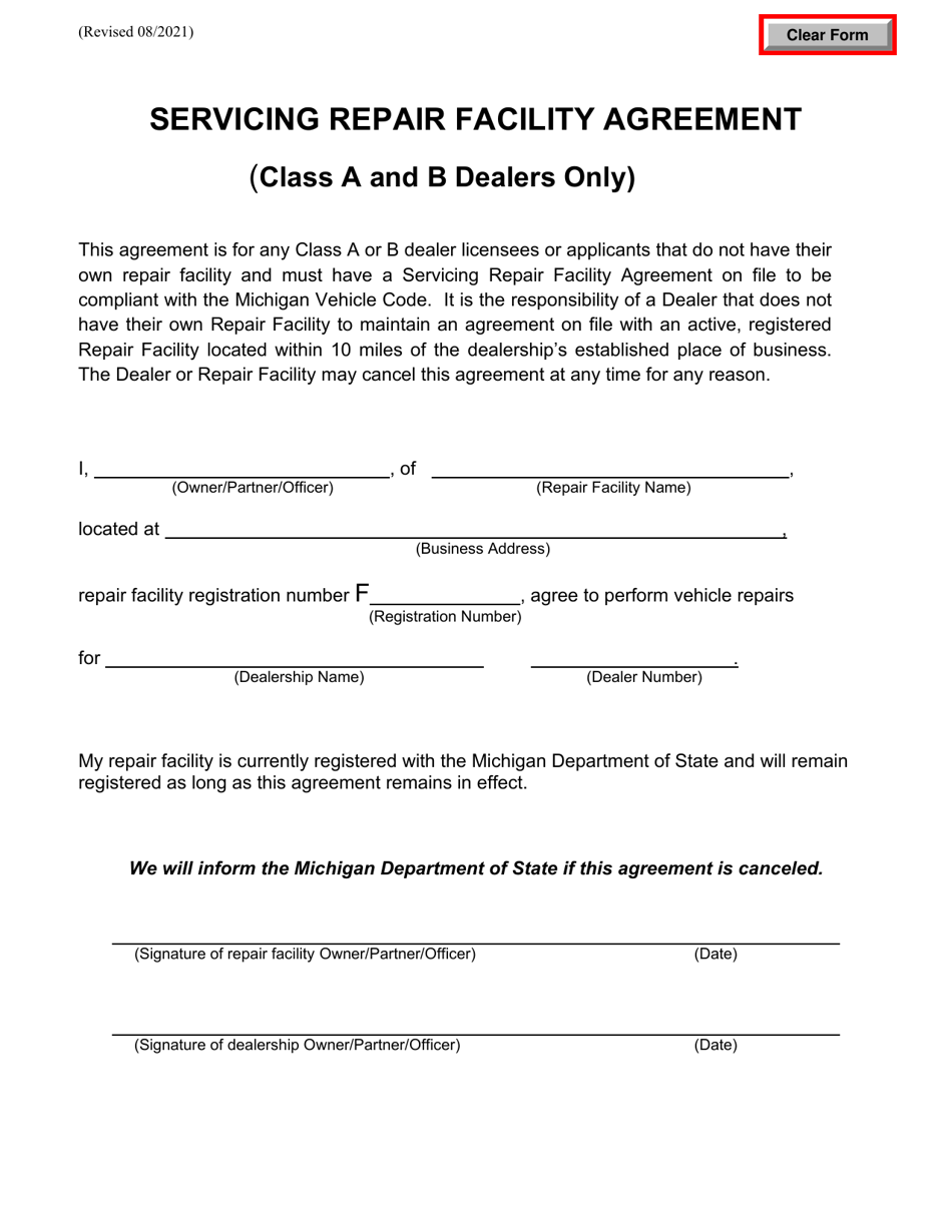 Michigan Servicing Repair Facility Agreement (Class a and B Dealers