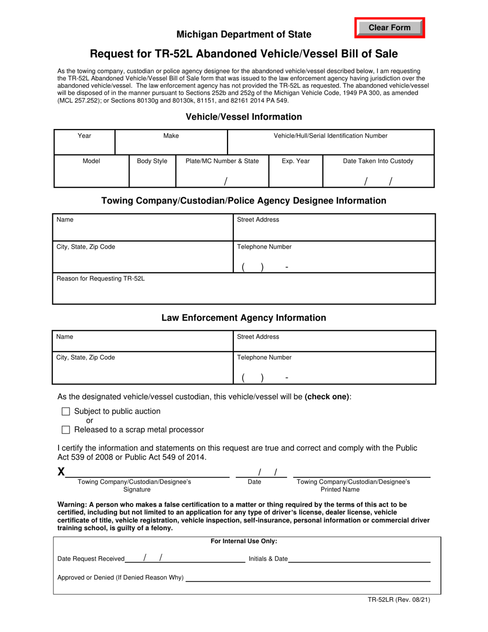 Form TR-52LR Request for Tr-52l Abandoned Vehicle / Vessel Bill of Sale - Michigan, Page 1