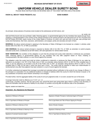 Document preview: Form AR-0026 Uniform Vehicle Dealer Surety Bond - Michigan