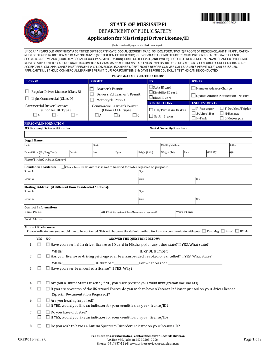 Form CRED01B Application for Mississippi Driver License / Id - Mississippi, Page 1