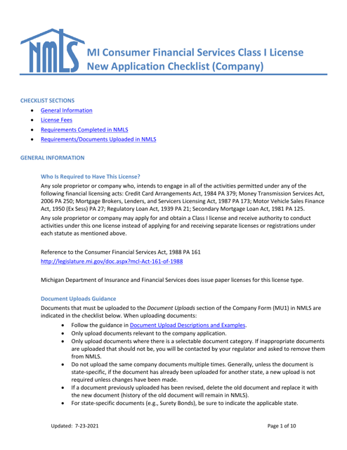 Mi Consumer Financial Services Class I License New Application Checklist (Company) - Michigan Download Pdf