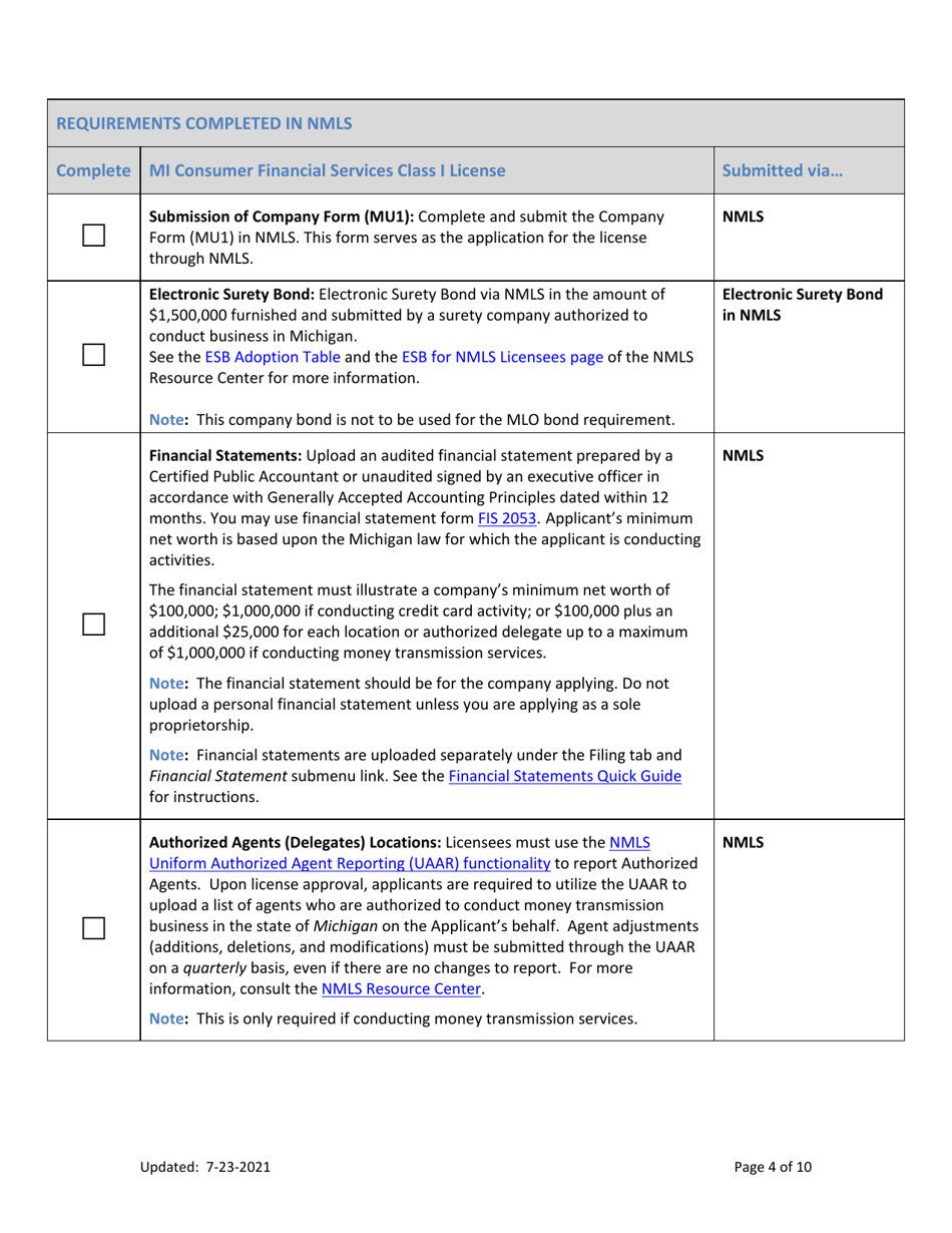 Mi Consumer Financial Services Class I License New Application Checklist (Company) - Michigan, Page 4