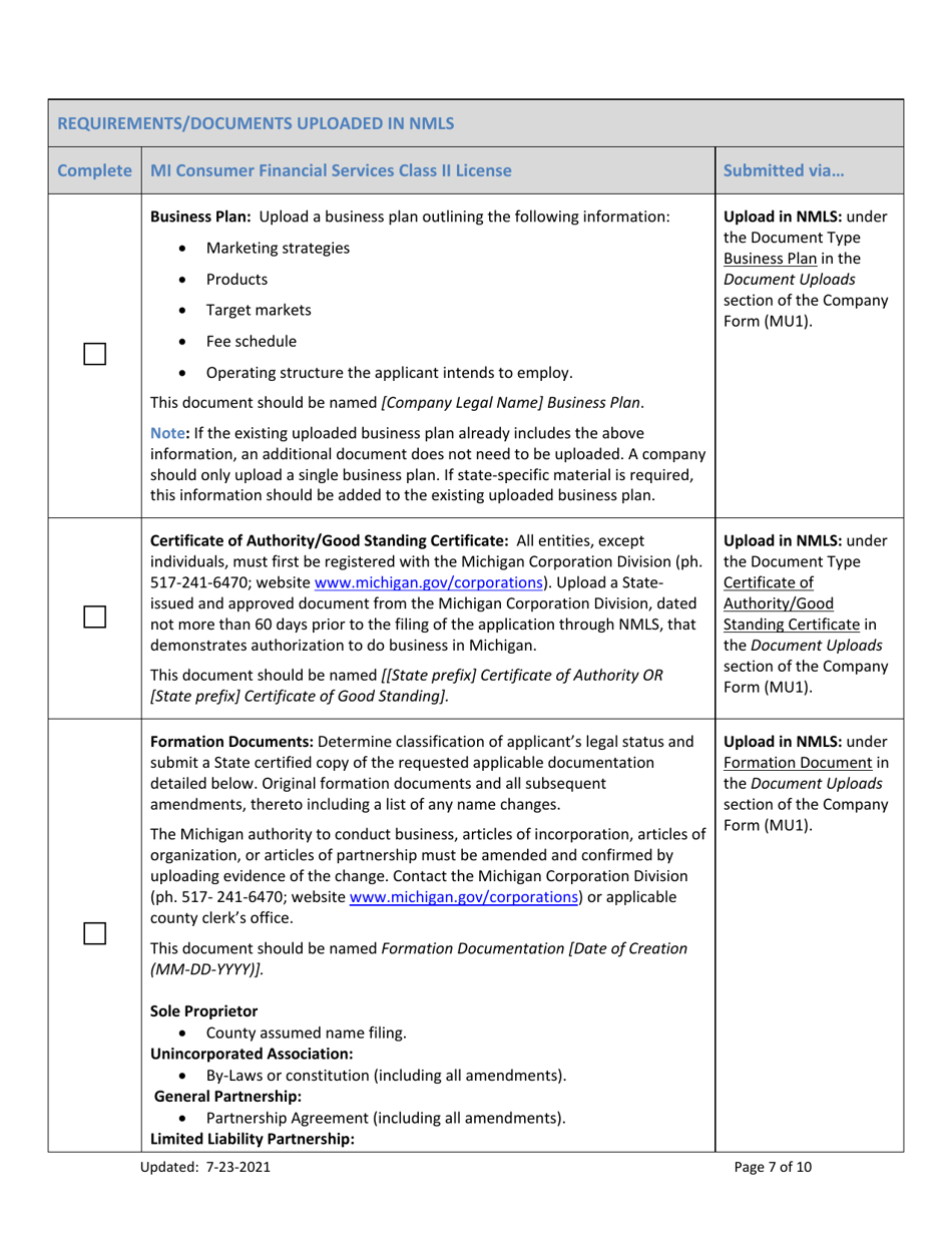 Mi Consumer Financial Services Class II License New Application Checklist (Company) - Michigan, Page 7