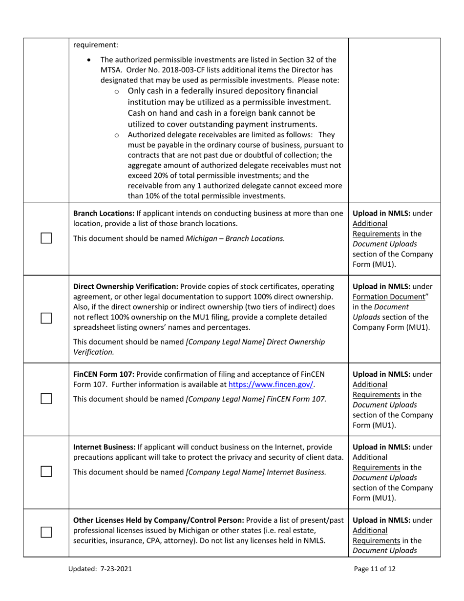 Mi Money Transmitter License New Application Checklist (Company) - Michigan, Page 11