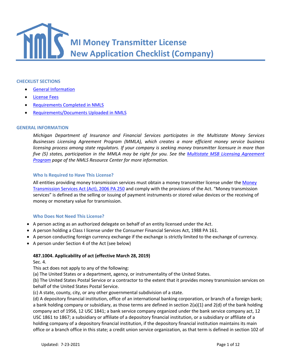 Mi Money Transmitter License New Application Checklist (Company) - Michigan, Page 1