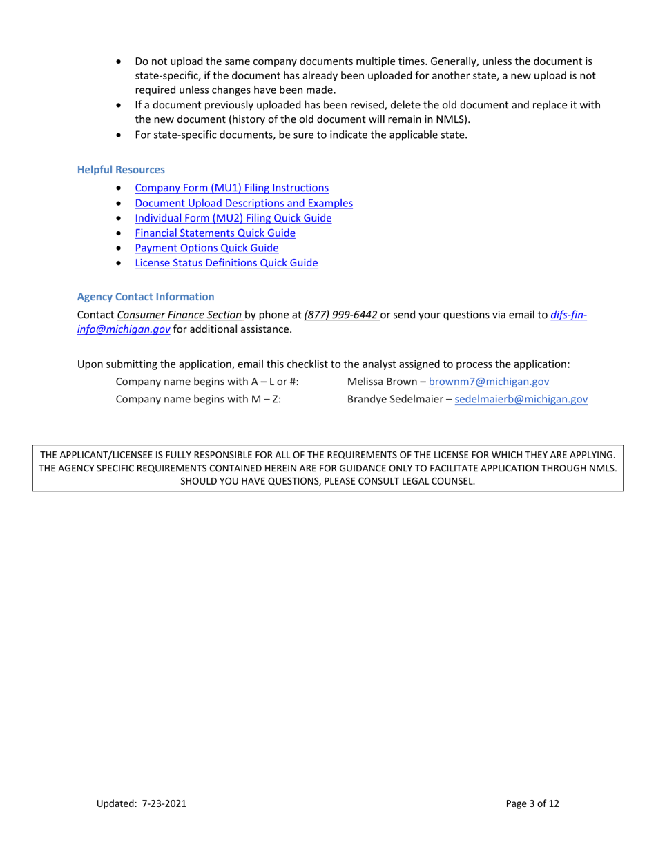 Mi Money Transmitter License New Application Checklist (Company) - Michigan, Page 3
