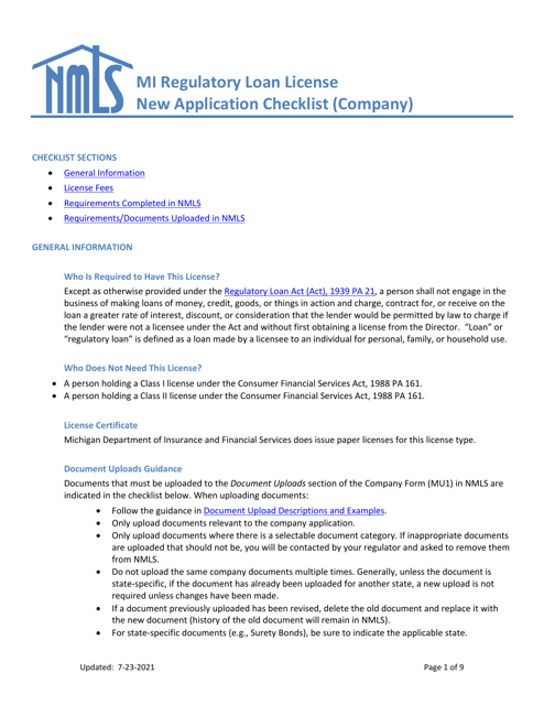 Mi Regulatory Loan License New Application Checklist (Company) - Michigan Download Pdf