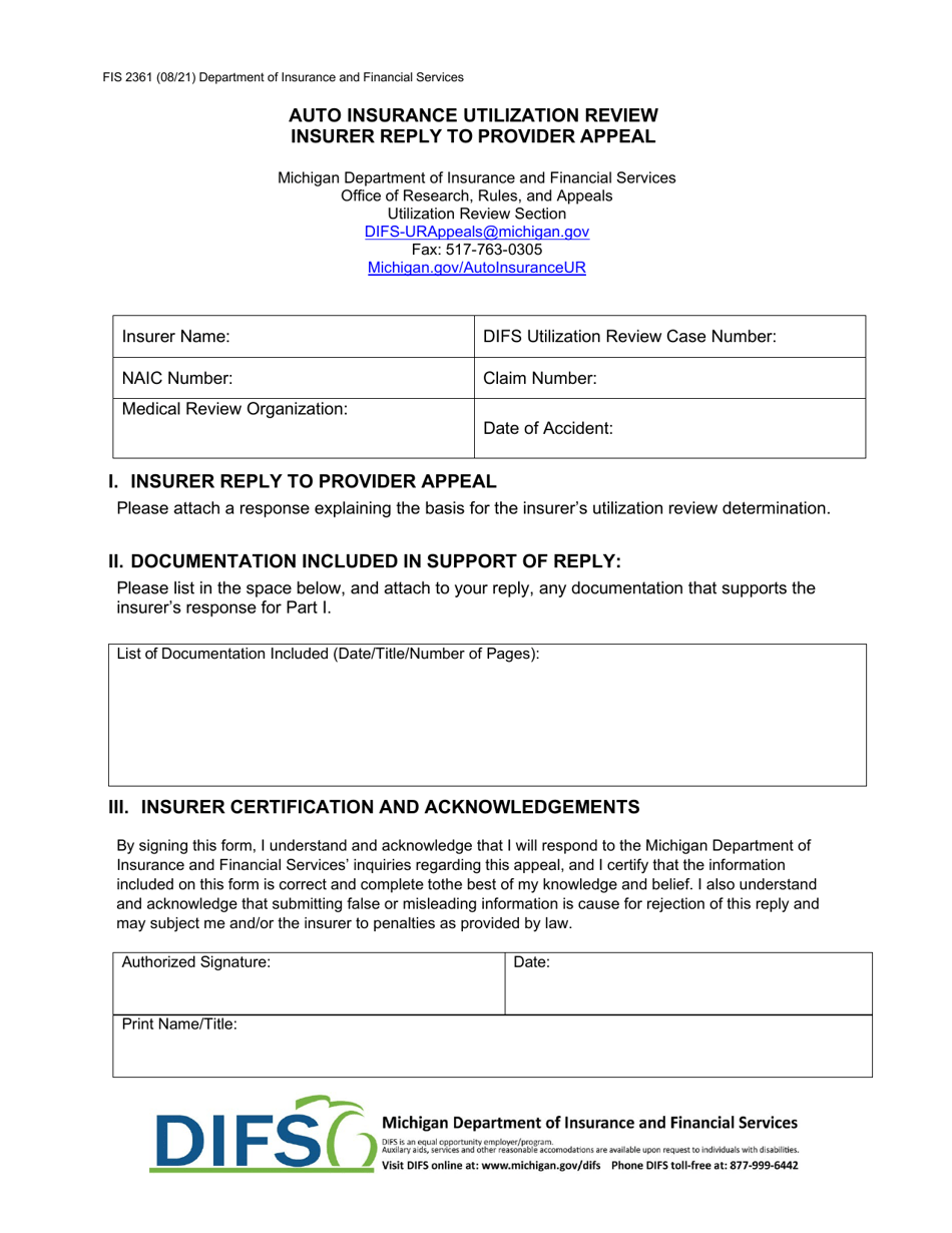 Form FIS2361 Auto Insurance Utilization Review Insurer Reply to Provider Appeal - Michigan, Page 1