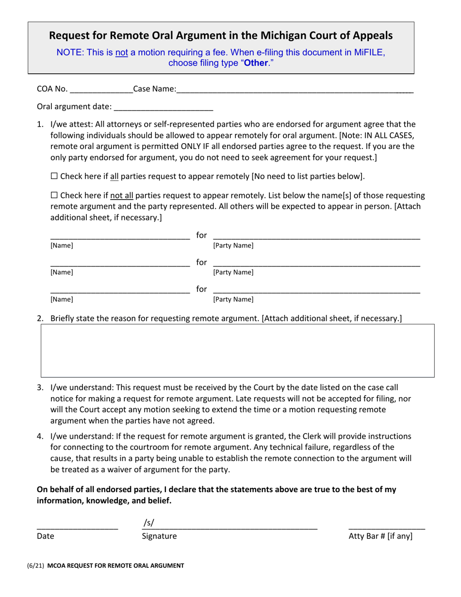 Request for Remote Oral Argument in the Michigan Court of Appeals - Michigan, Page 1