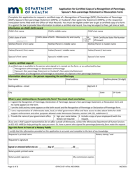 Document preview: Application for Certified Copy of a Recognition of Parentage, Spouse's Non-parentage Statement or Revocation Form - Minnesota