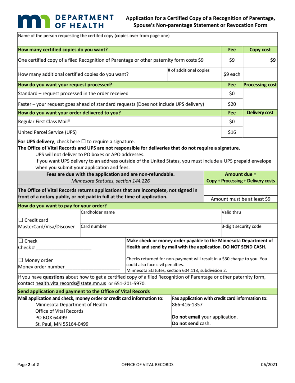 Application for Certified Copy of a Recognition of Parentage, Spouses Non-parentage Statement or Revocation Form - Minnesota, Page 2