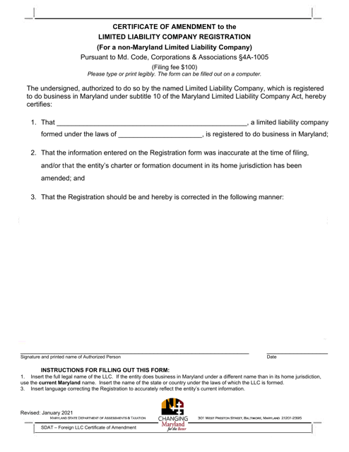 Certificate of Amendment to the Limited Liability Company Registration (For a Non-maryland Limited Liability Company) - Maryland Download Pdf