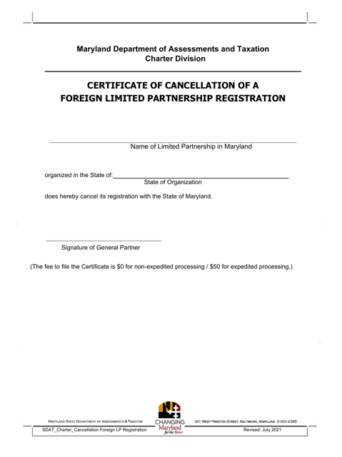 Certificate of Cancellation of a Foreign Limited Partnership Registration - Maryland Download Pdf