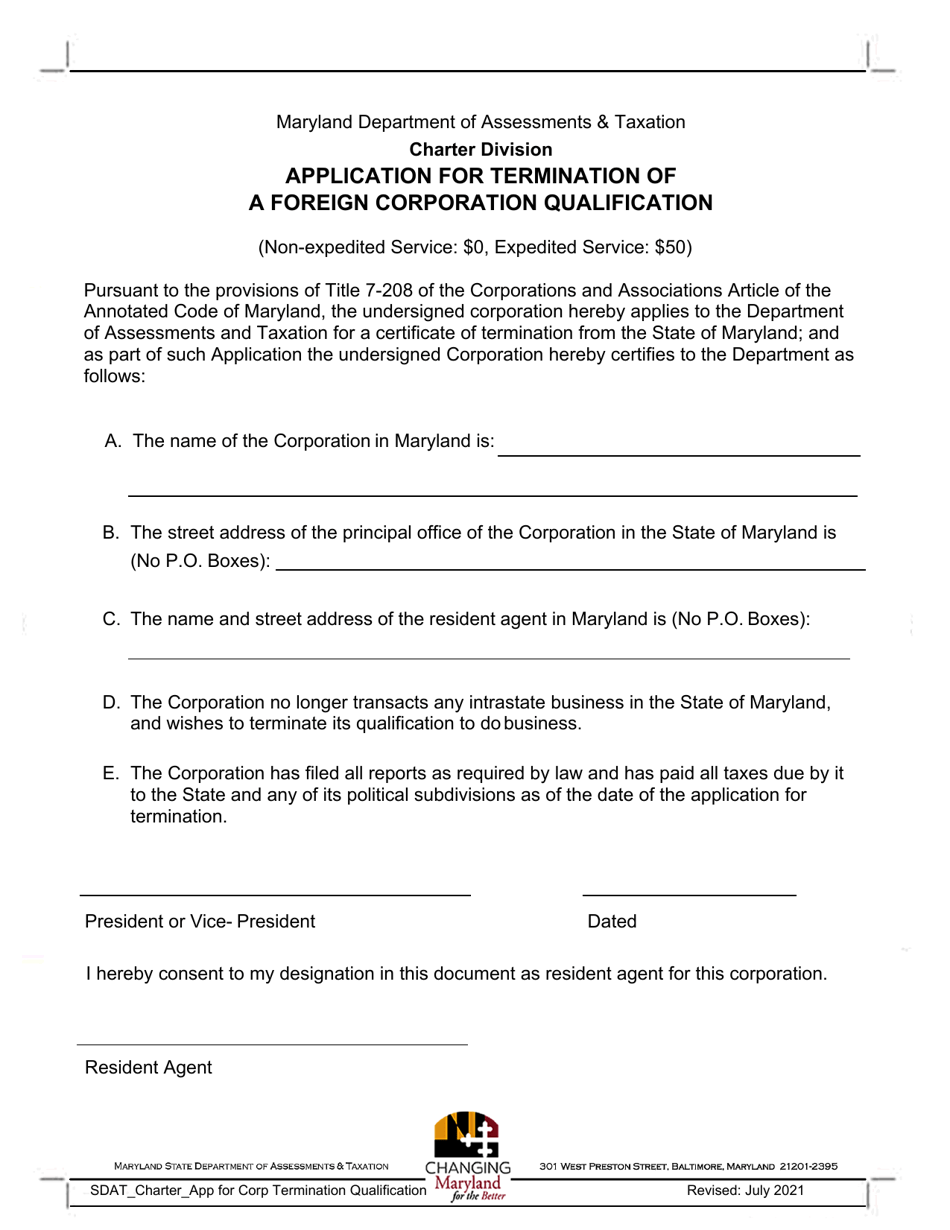 Application for Termination of a Foreign Corporation Qualification - Maryland, Page 1