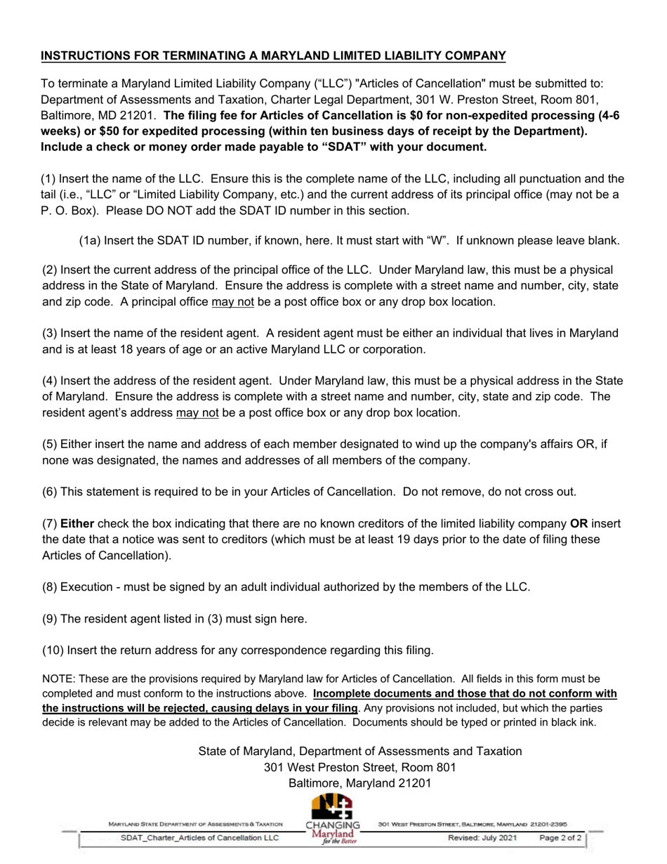 Articles of Cancellation for a Maryland Limited Liability Company - Maryland, Page 2