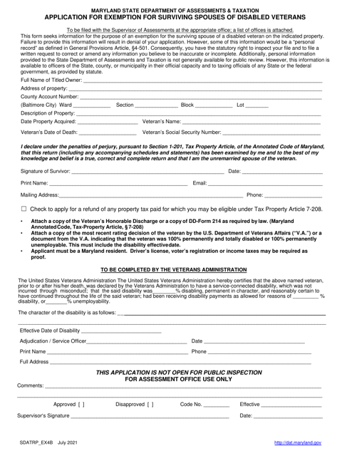 Application for Exemption for Surviving Spouses of Disabled Veterans - Maryland Download Pdf