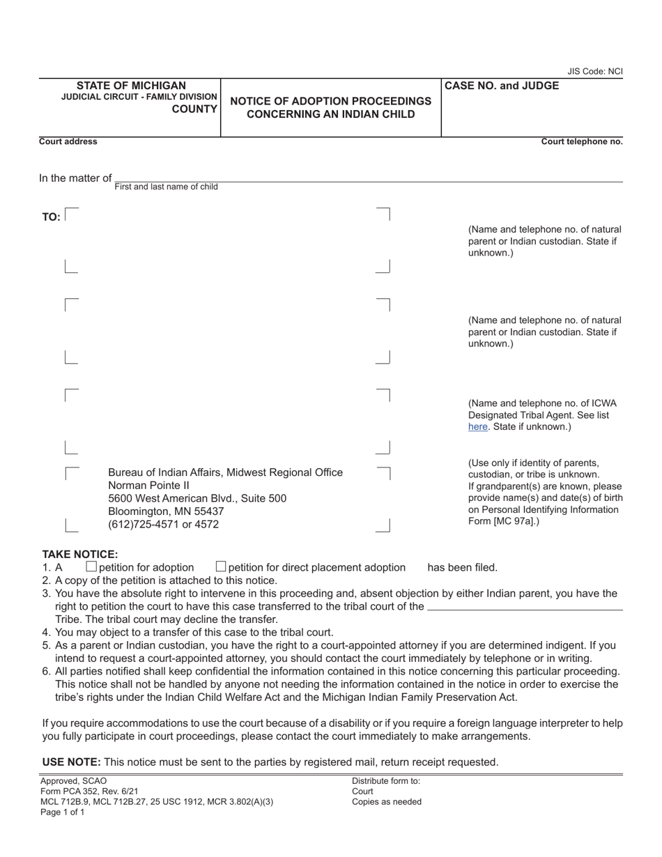 Form PCA352 Notice of Adoption Proceedings Concerning an Indian Child - Michigan, Page 1