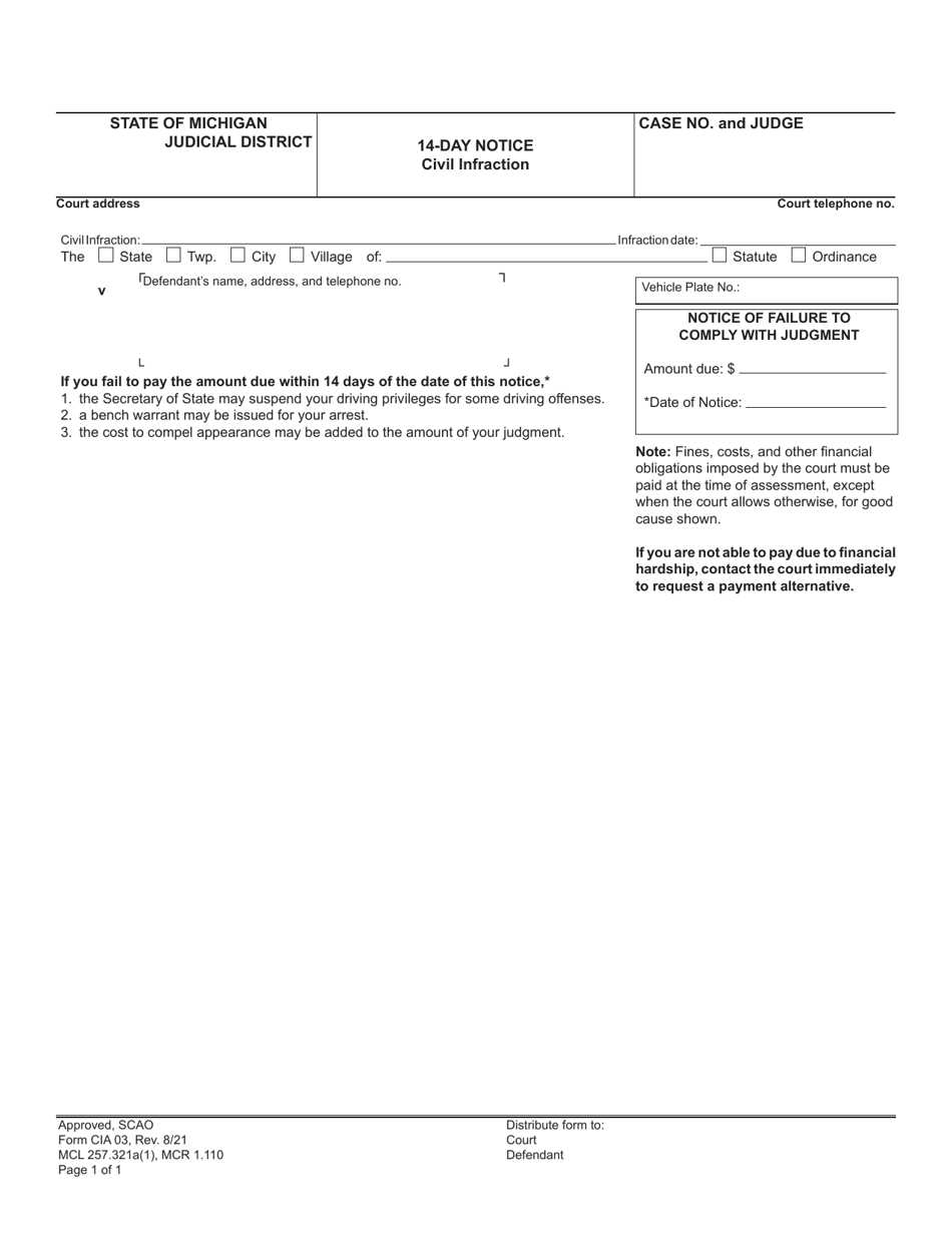 Form CIA03 14-day Notice - Civil Infraction - Michigan, Page 1
