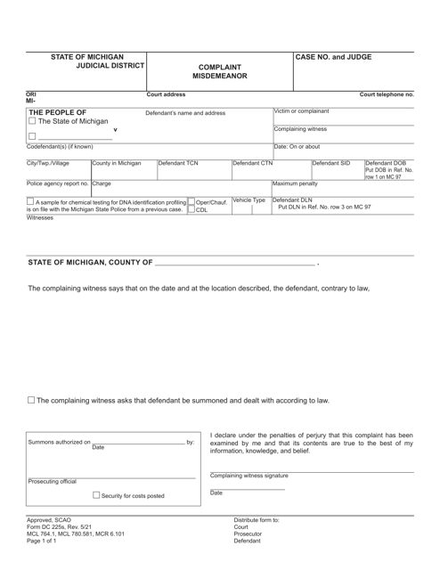 Form DC255S Complaint Misdemeanor - Michigan