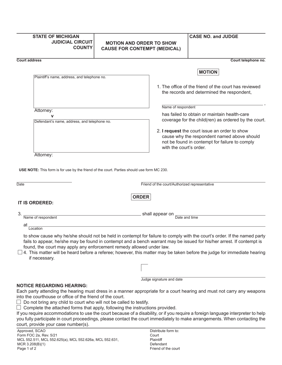 Form FOC2A Motion and Order to Show Cause for Contempt (Medical) - Michigan, Page 1