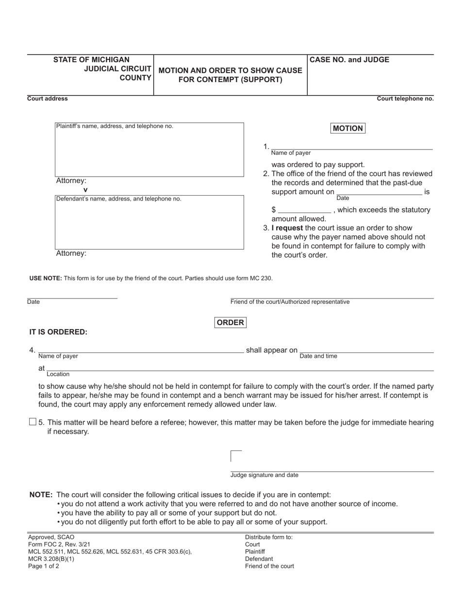 Form FOC2 Motion and Order to Show Cause for Contempt (Support) - Michigan, Page 1