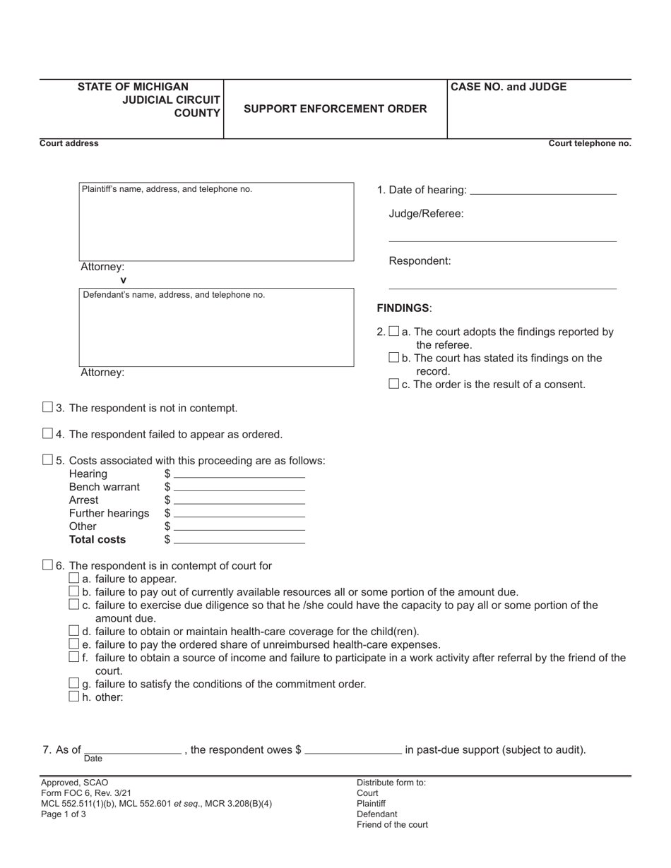 Form FOC6 Support Enforcement Order - Michigan, Page 1