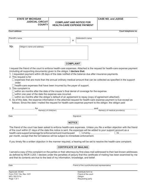 Form FOC13A Complaint and Notice for Health-Care Expense Payment - Michigan