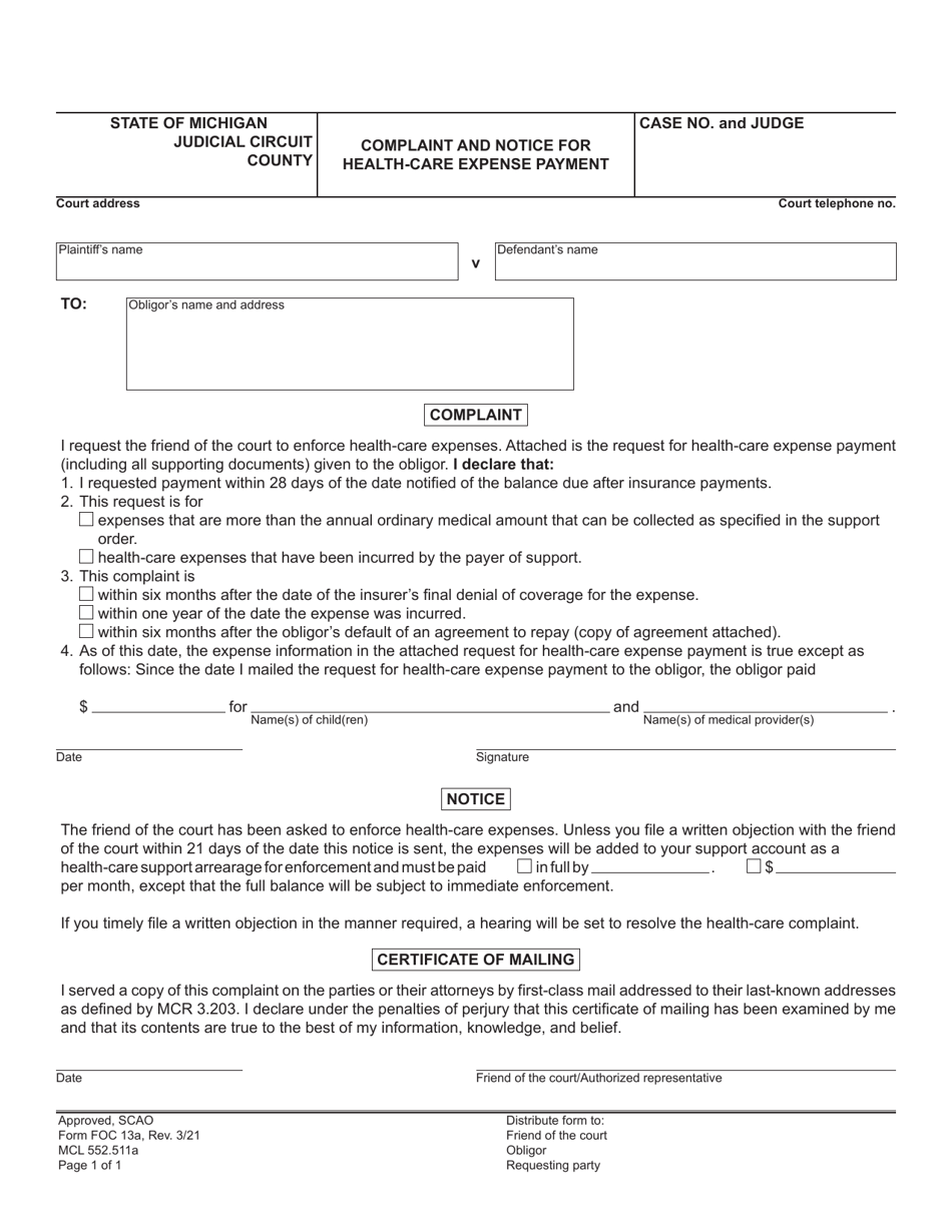 Form FOC13A Complaint and Notice for Health-Care Expense Payment - Michigan, Page 1