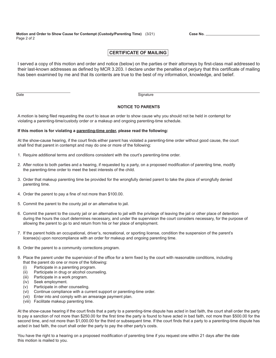 Form FOC19 Motion and Order to Show Cause for Contempt (Custody / Parenting Time) - Michigan, Page 2