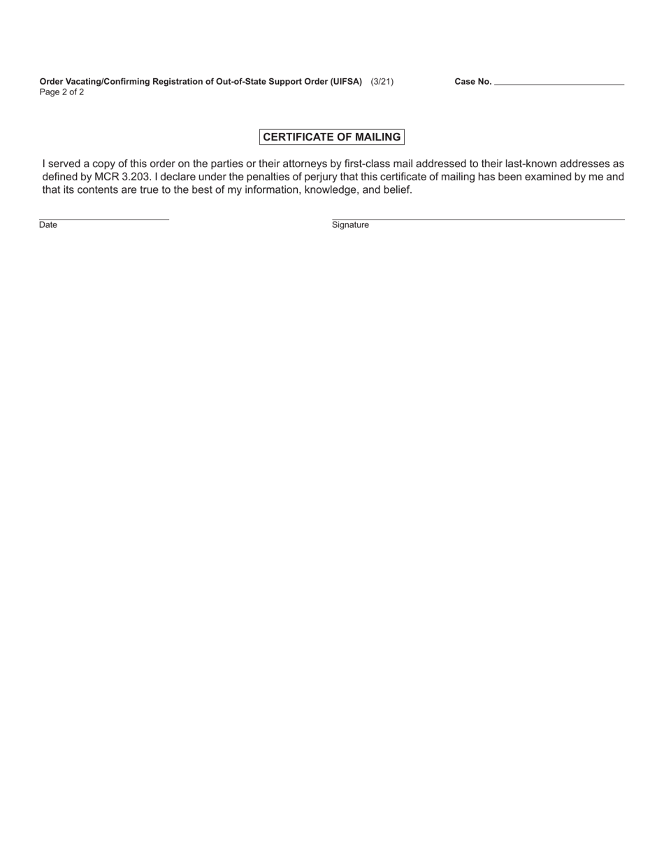Form FOC30A Order Vacating / Confirming Registration of Out-of-State Support Order (Uifsa) - Michigan, Page 2