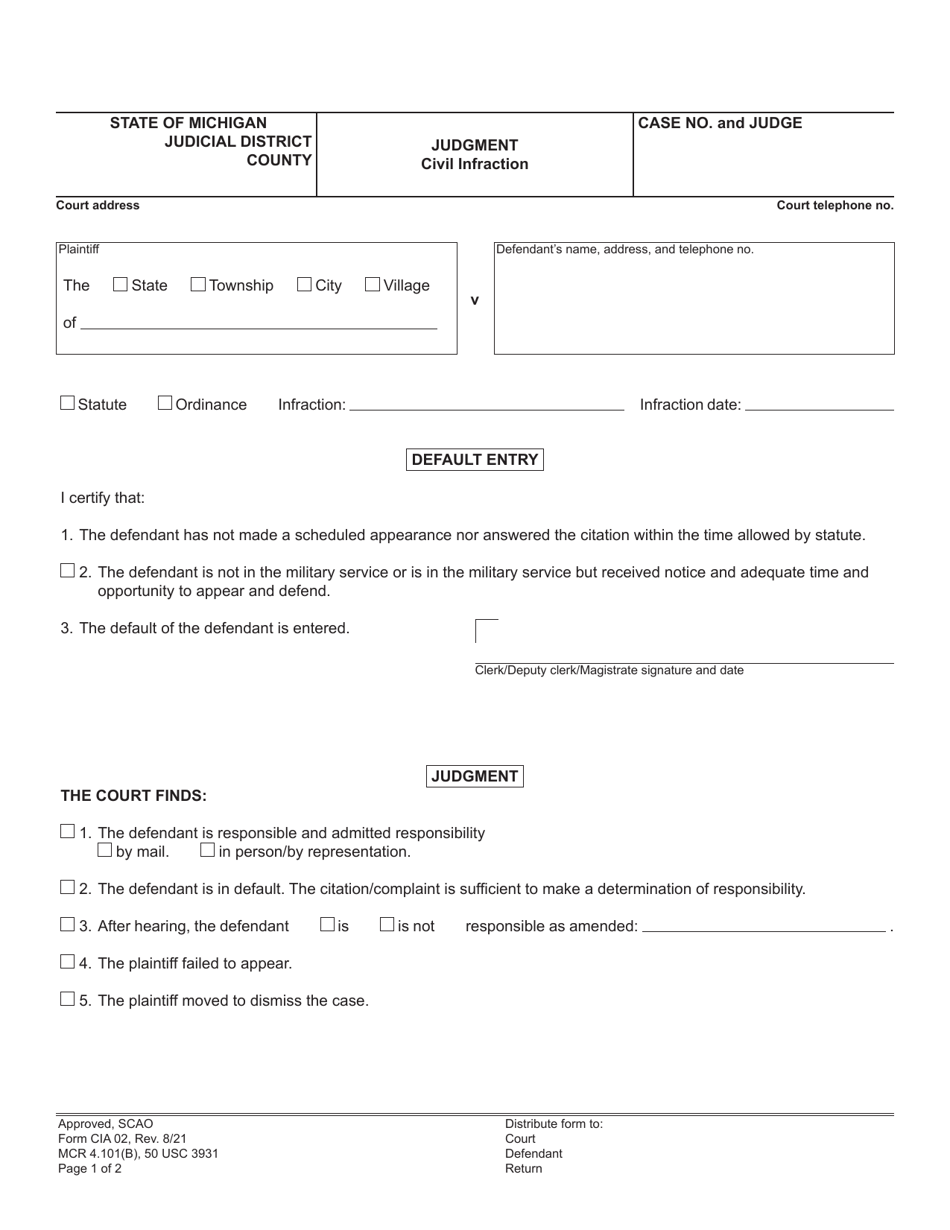 Form CIA02 Judgment - Civil Infraction - Michigan, Page 1