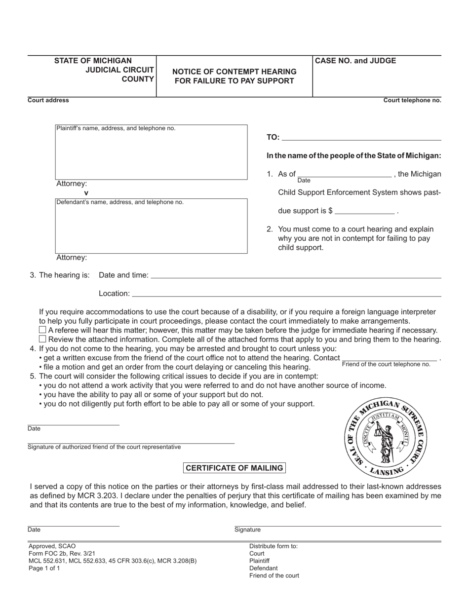 Form FOC2B Notice of Contempt Hearing for Failure to Pay Support - Michigan, Page 1
