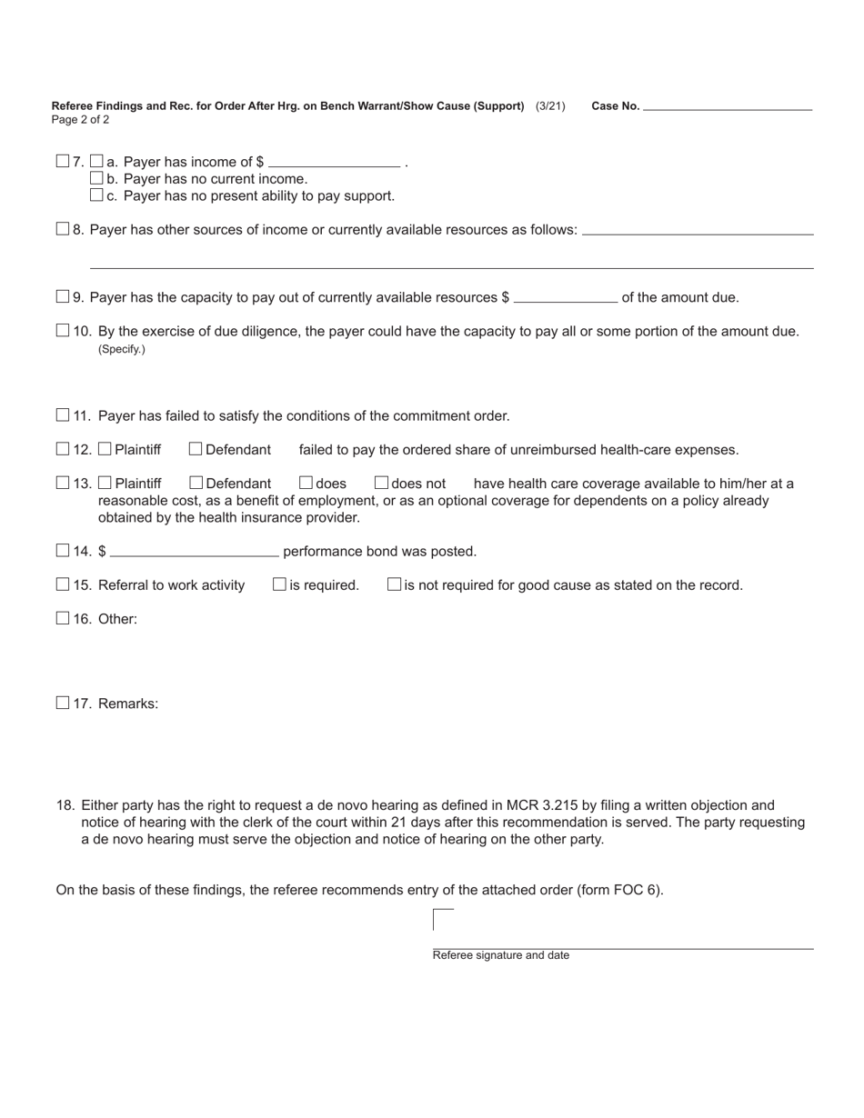 Form FOC56 Referee Findings and Recommendation for Order After Hearing on Bench Warrant / Show Cause (Support) - Michigan, Page 2