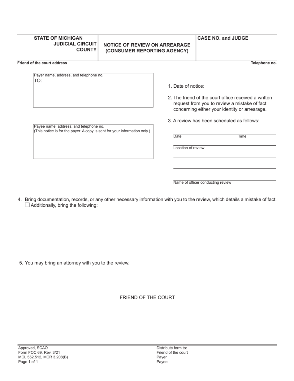 Form FOC69 Notice of Review on Arrearage (Consumer Reporting Agency) - Michigan, Page 1