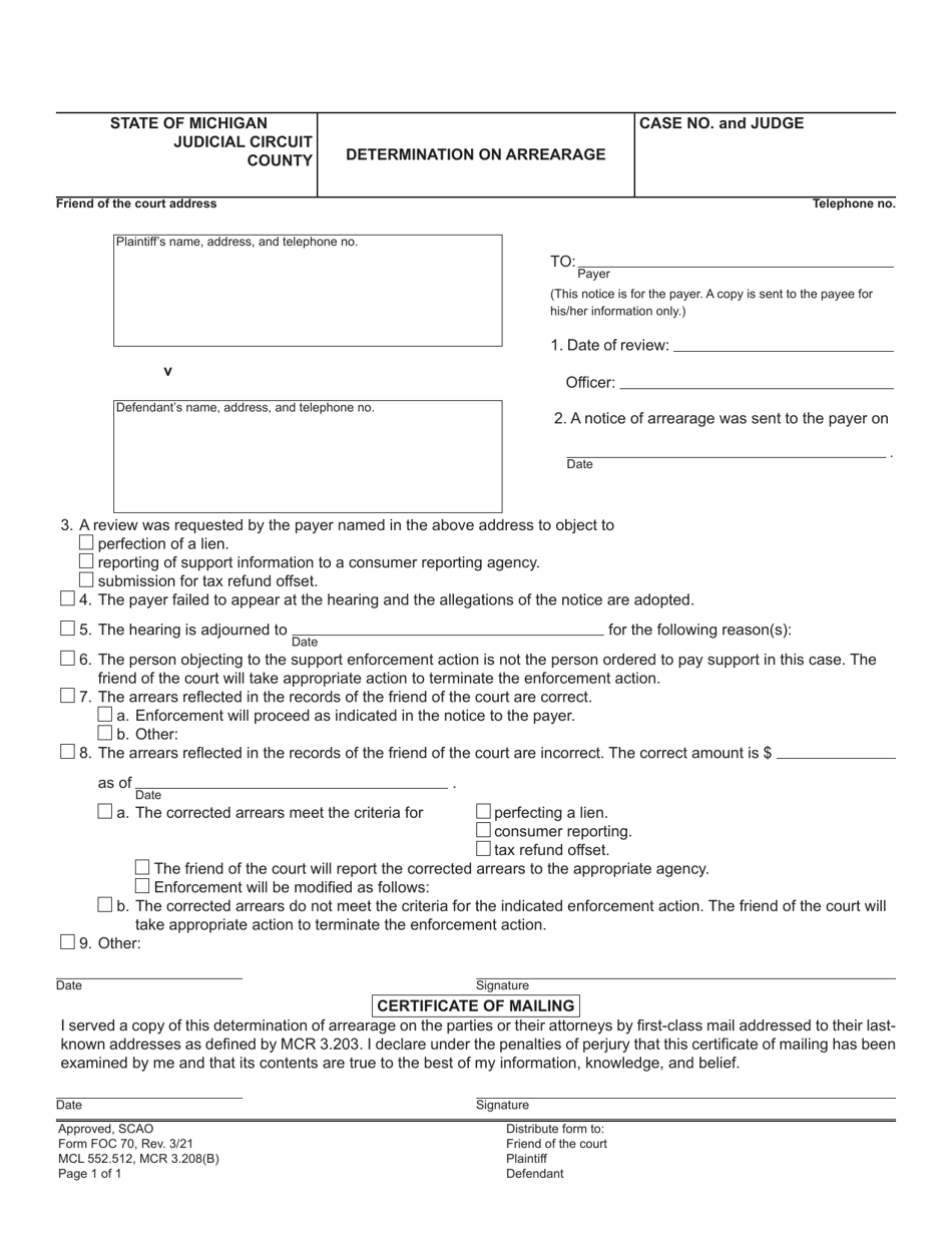 Form FOC70 Determination on Arrearage - Michigan, Page 1