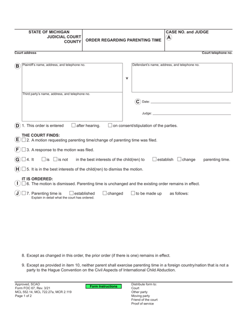 Form FOC67 Order Regarding Parenting Time - Michigan
