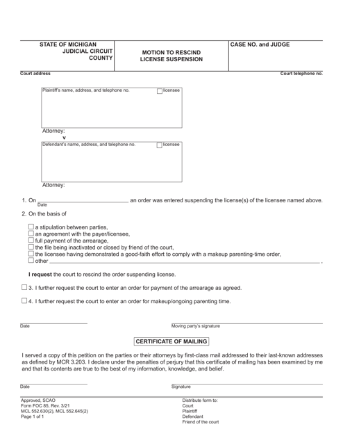 Form FOC85 Motion to Rescind License Suspension - Michigan