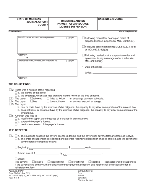 Form FOC82 Order Regarding Payment of Arrearage (License Suspension) - Michigan