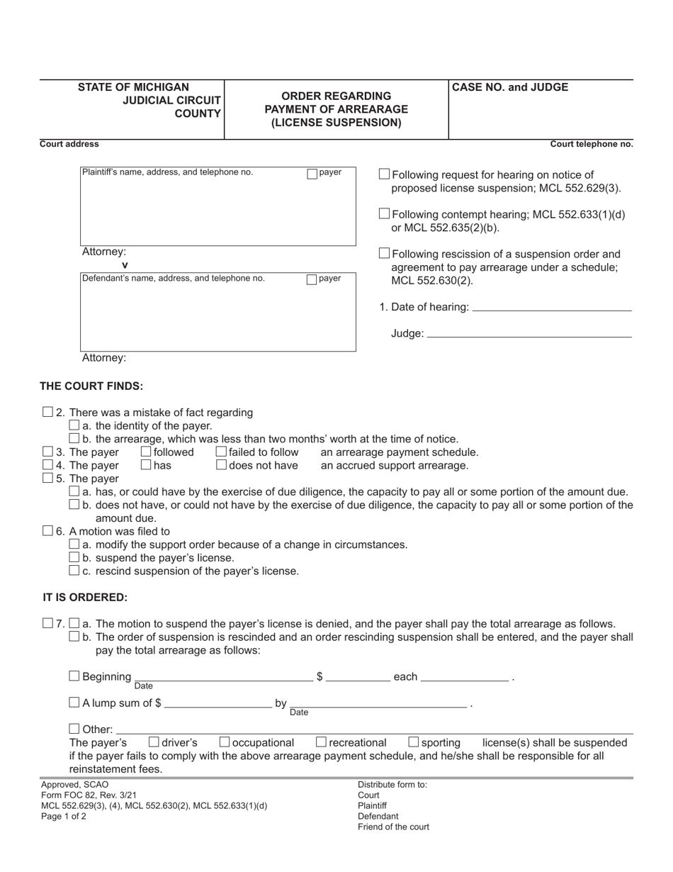 Form FOC82 Order Regarding Payment of Arrearage (License Suspension) - Michigan, Page 1