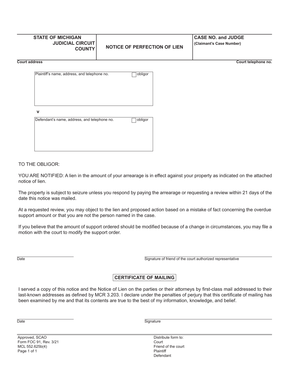 Form FOC91 Notice of Perfection of Lien - Michigan, Page 1